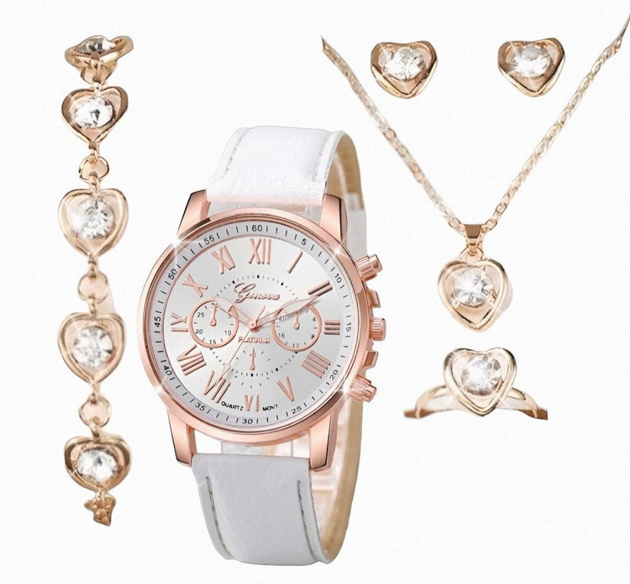 Women's Elegant Three-eye Roman Scale Dial Quartz Watch & Jewelry Set - 4 Pieces